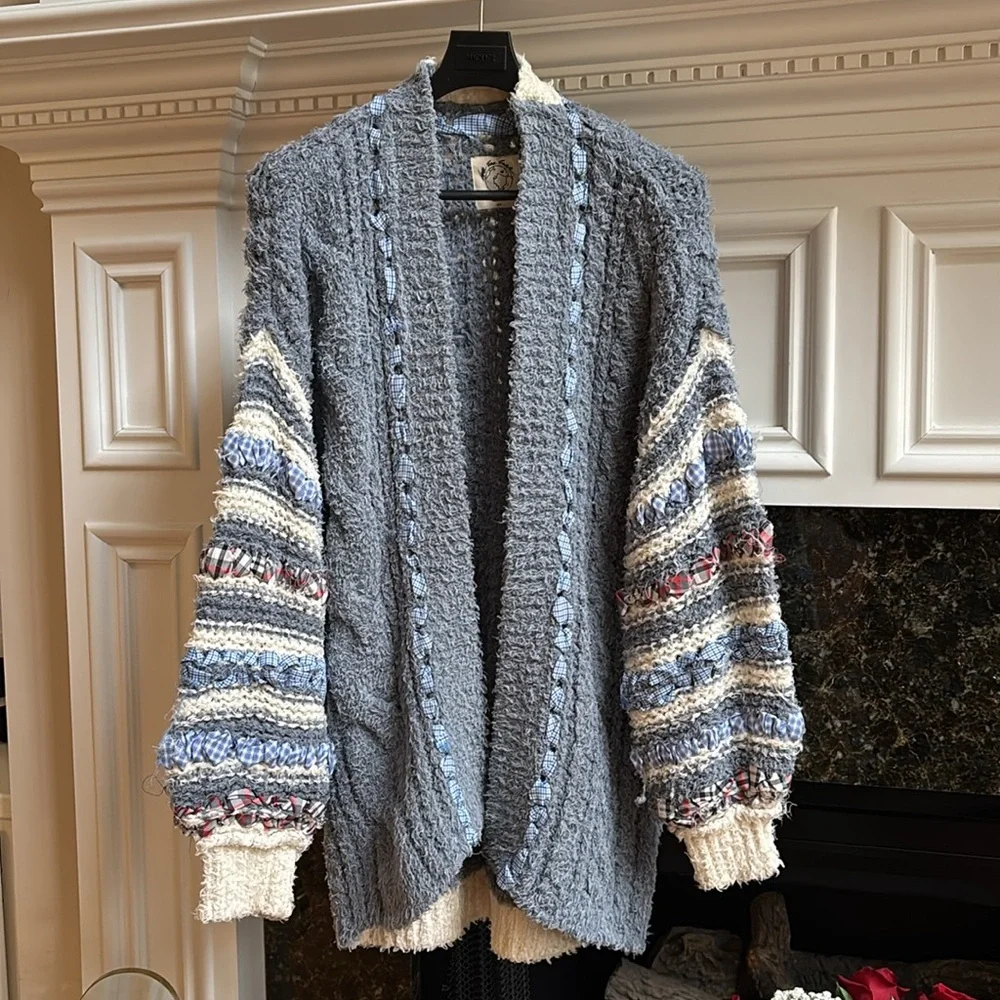 Care Free People Life's Purpose knit woven ribbon trimmed cardigan sweater sz.XS